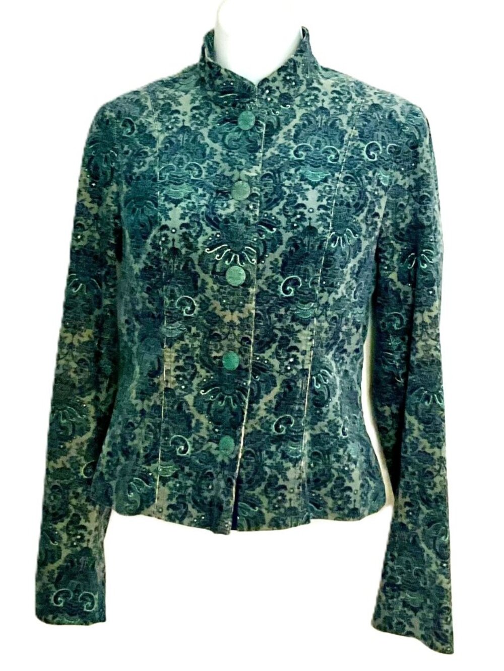 PROMOD Embroidered Micro Corduroy Jacket Blue Green Floral Tapestry SizeS France